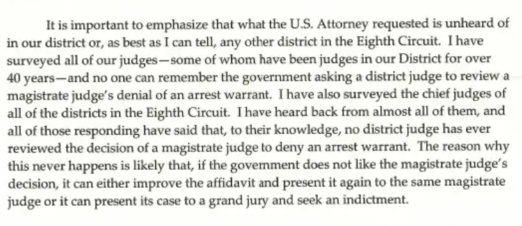 An excerpt of District Court Judge Patrick Schlits's response to petition for mandamus from the US Attorney's office.